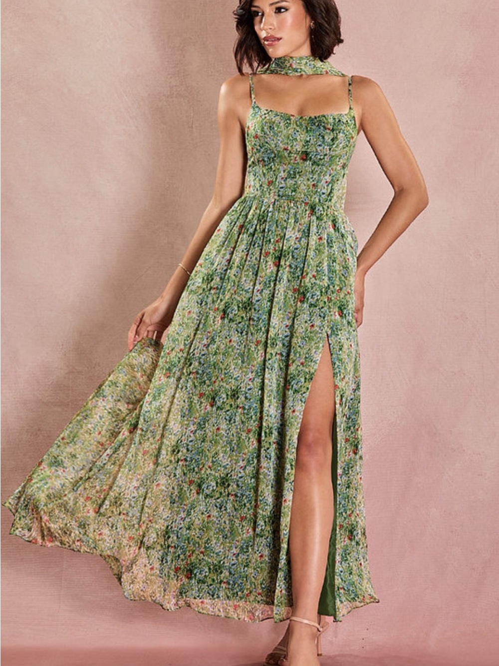 Green Floral Azazie Midi Dress with Leg Slit